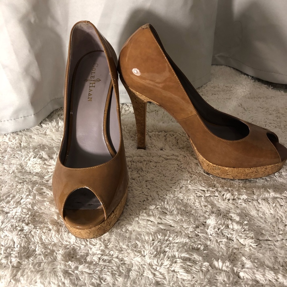 Cole Haan tan peep toe heels